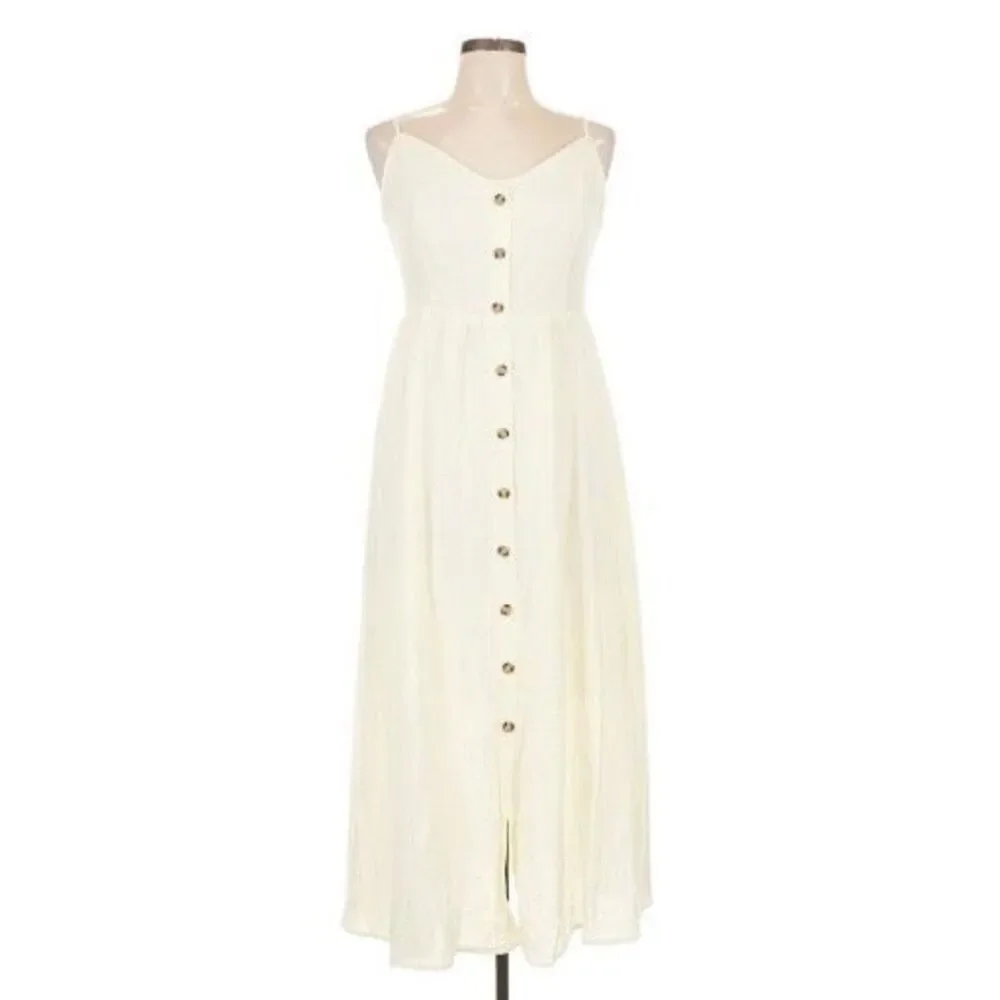 Boho Cotton Blend Midi Dress White Button Front Sun Dress Summer City Chic L - Picture 2 of 7